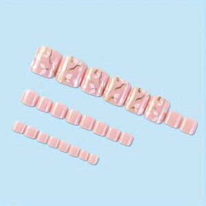 Nails Press On Toenails 24 Gold Leaves Short Stylish Fake Glossy Pink Trendy